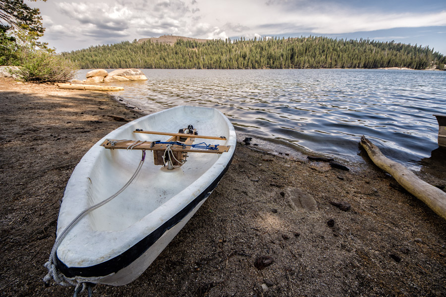 Rowboat on Lake Alpine shore photo