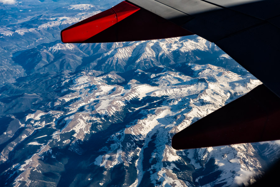 Rocky Mountains snowpack from airplane photo