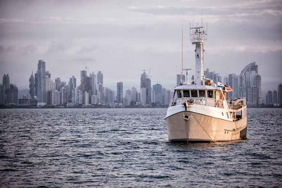 Boat with Panama City skyline photo