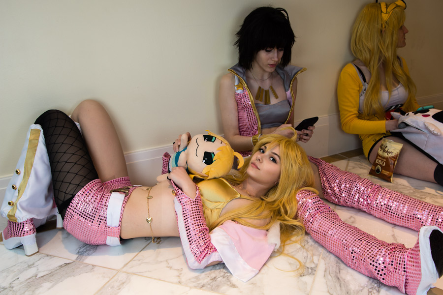 A picture of tired pink cosplayers at Katsucon 2016 taken by Batty!